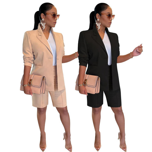 Two-Piece Shorts and Blazer Suit Set in Beige or Black