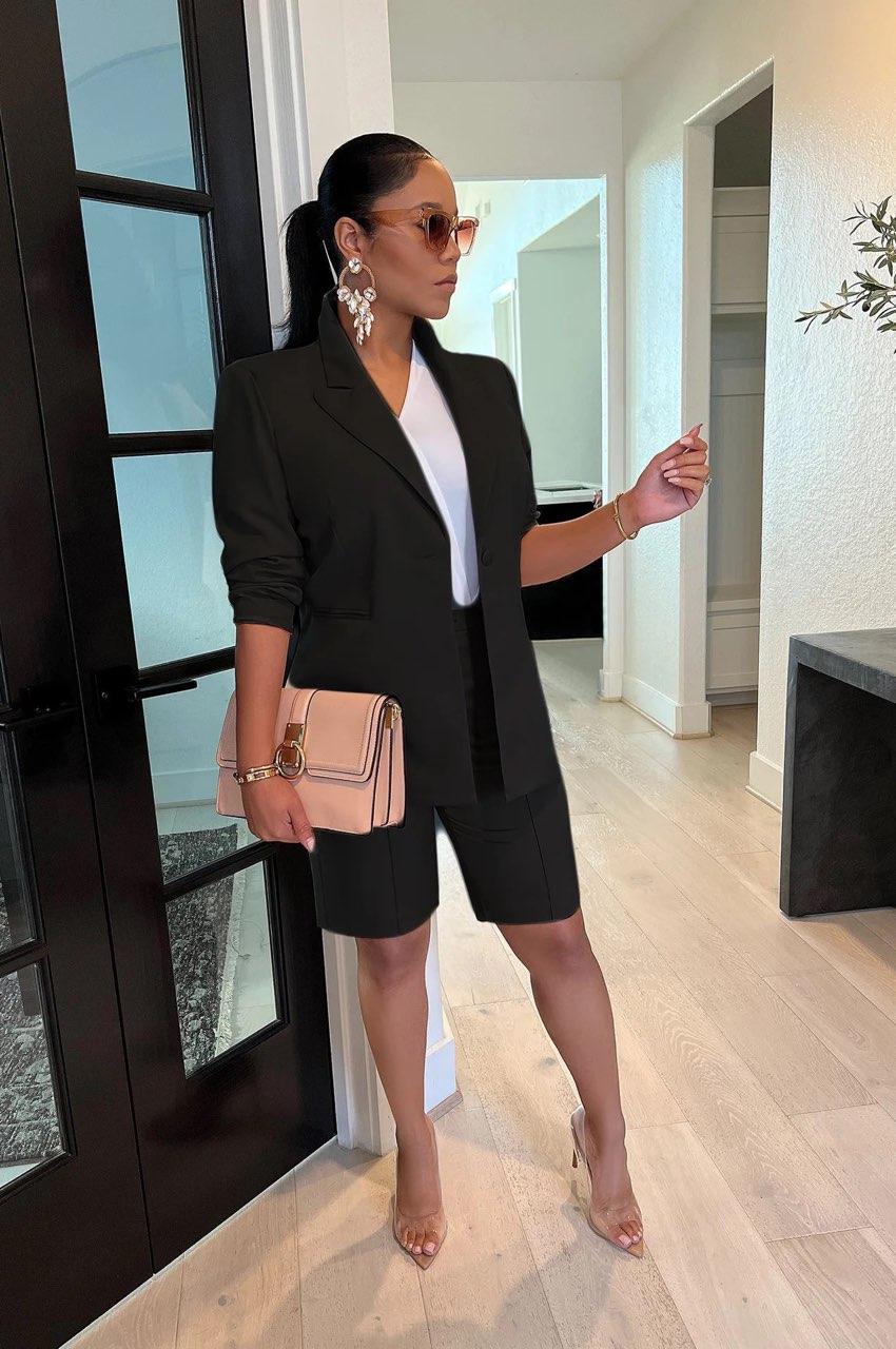 Two-Piece Shorts and Blazer Suit Set in Beige or Black